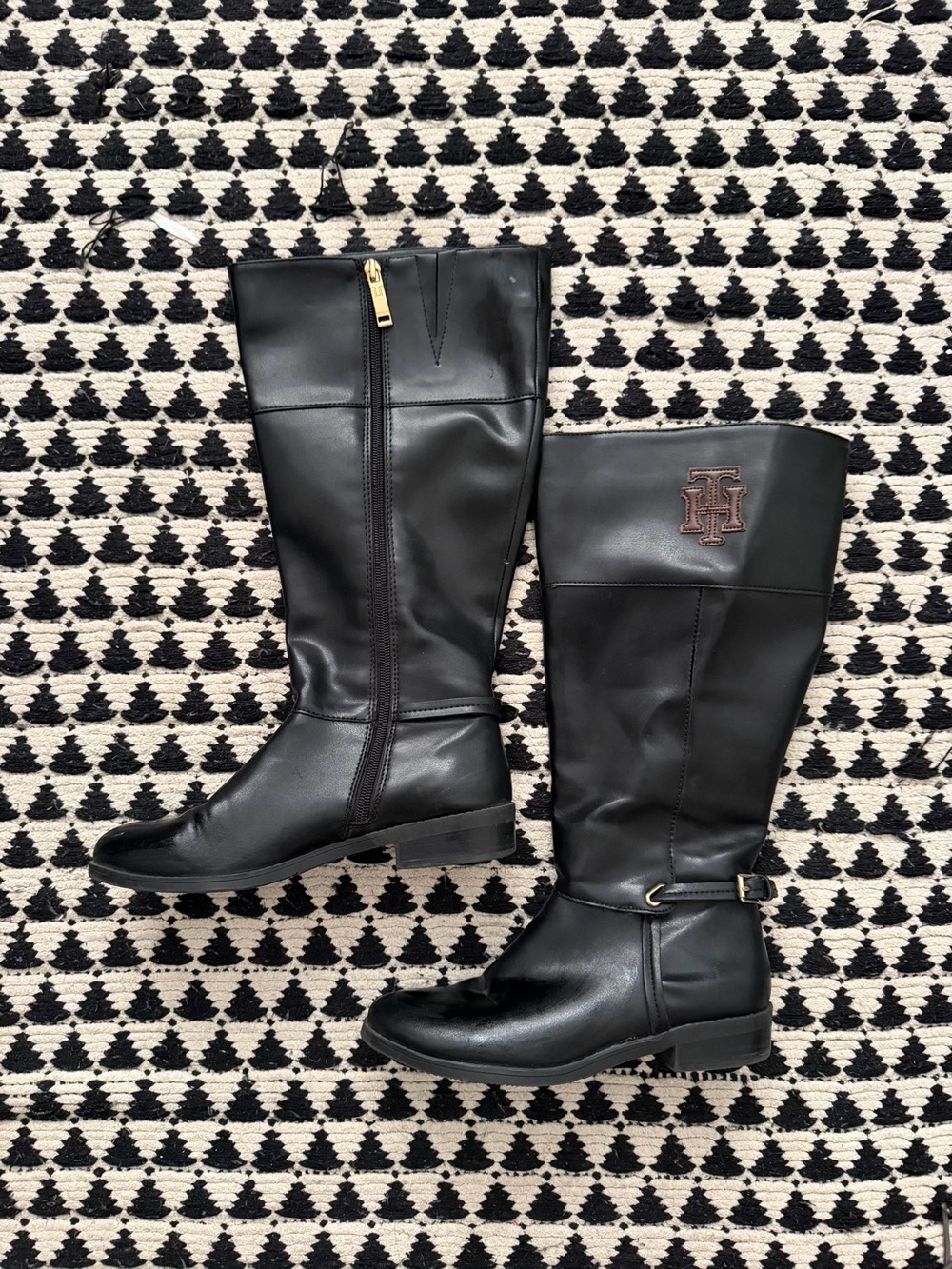 Tommy Hilfiger Black Tall Leather Riding Boots with Logo